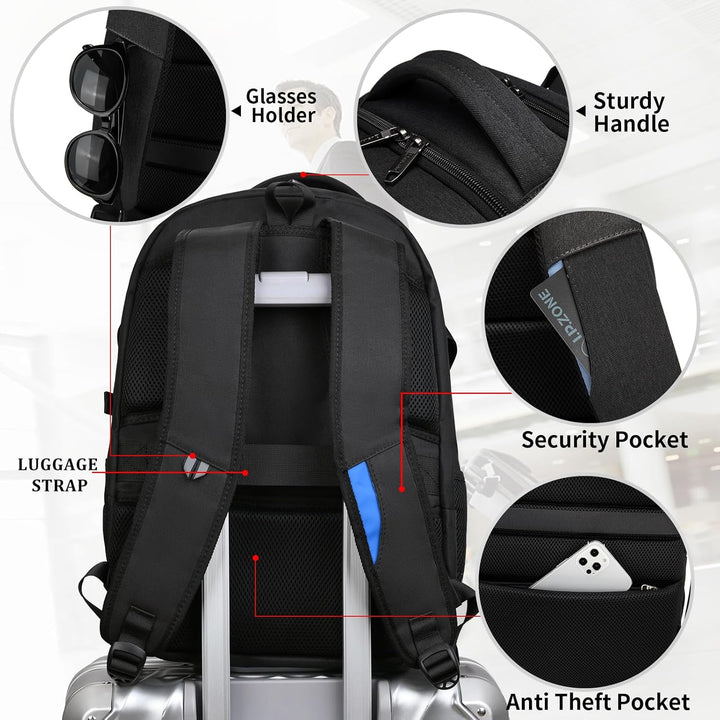 Donkergrijze unisex rugzak, waterdicht, met USB-aansluiting en anti-diefstal design.