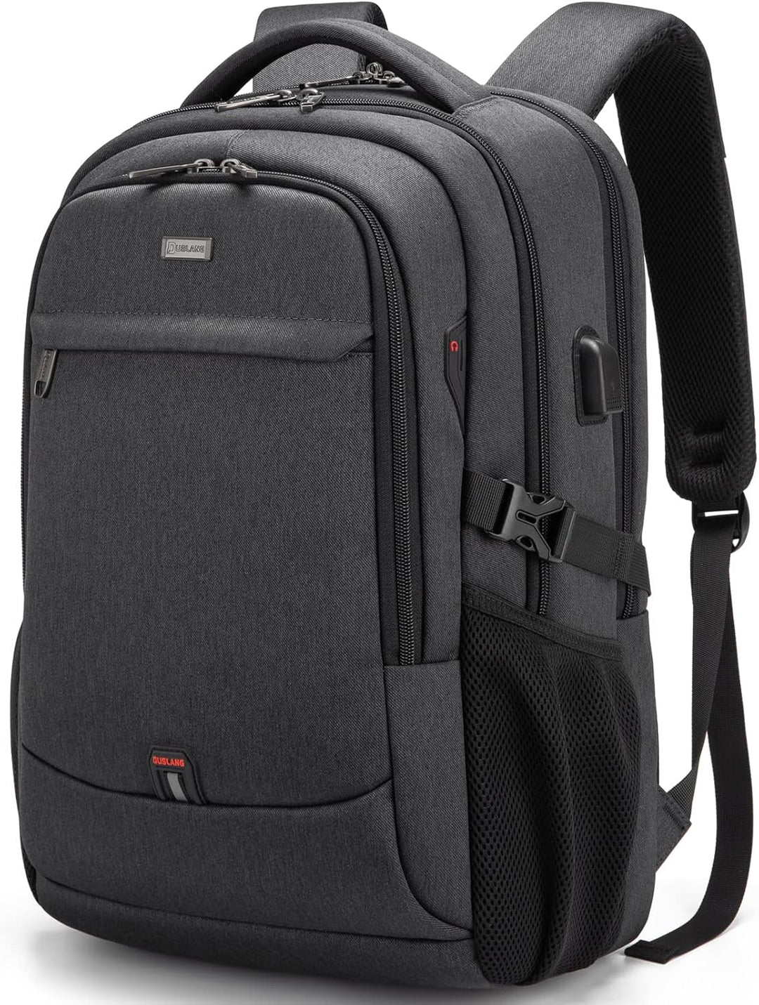 Zakelijke laptoprugzak met USB-poort, trolley sleeve en anti-diefstal functies.