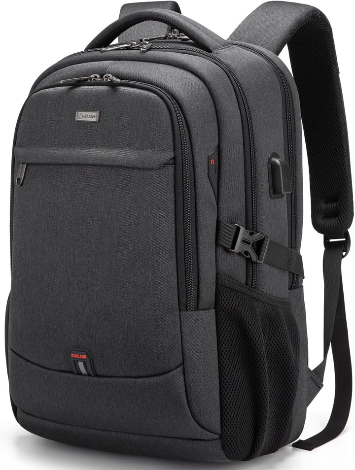 Zakelijke laptoprugzak met USB-poort, trolley sleeve en anti-diefstal functies.