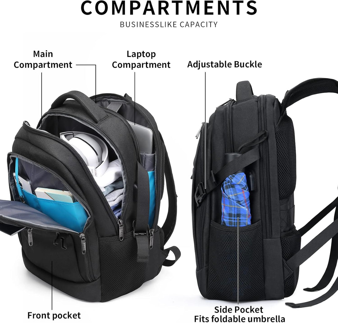 Unisex dagrugzak met USB-poort en een anti-diefstal achterzak voor waardevolle spullen.