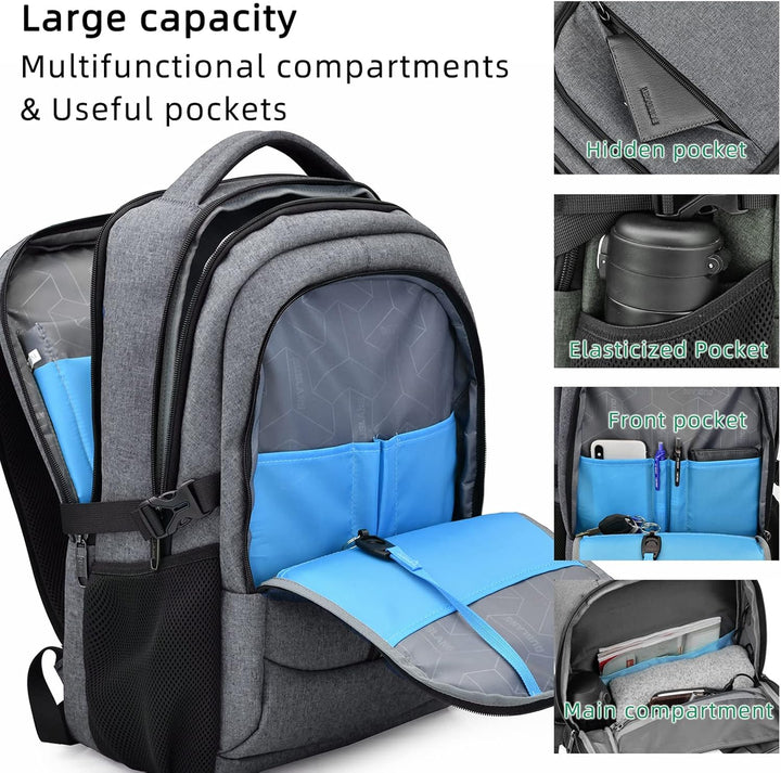 Laptoprugzak met verstelbare borstband, USB-poort en stevig waterbestendig materiaal.