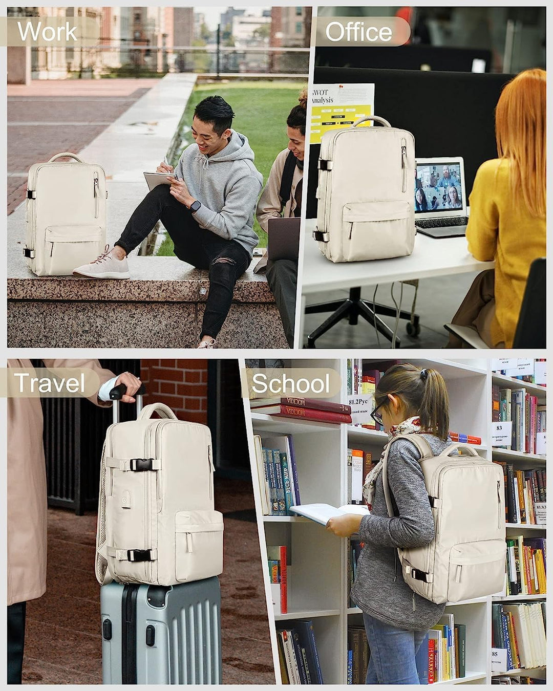 Beige unisex rugzak, waterdicht, met schoenvak en USB-poort, perfect als weekendtas.