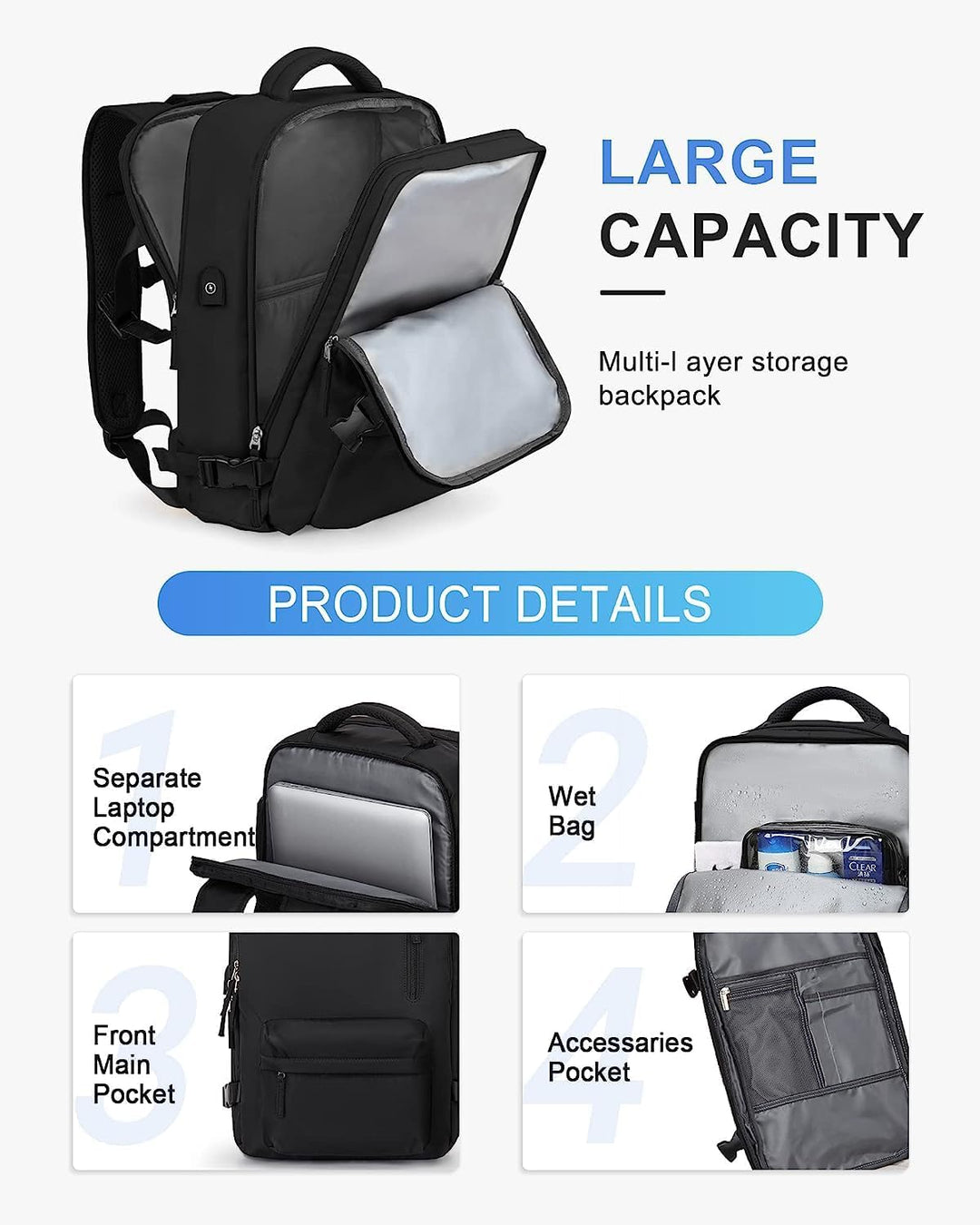 Ruime waterdichte laptoprugzak, unisex model, met ademende schouderbanden voor comfort.