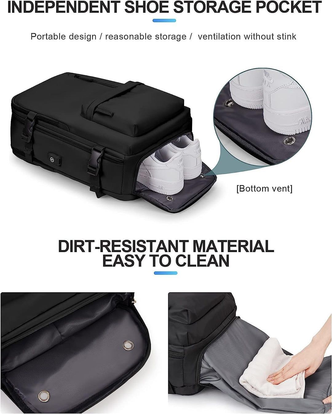 Waterdichte reisrugzak met apart schoenvak en 14" laptopvak, perfect voor georganiseerde reizen.