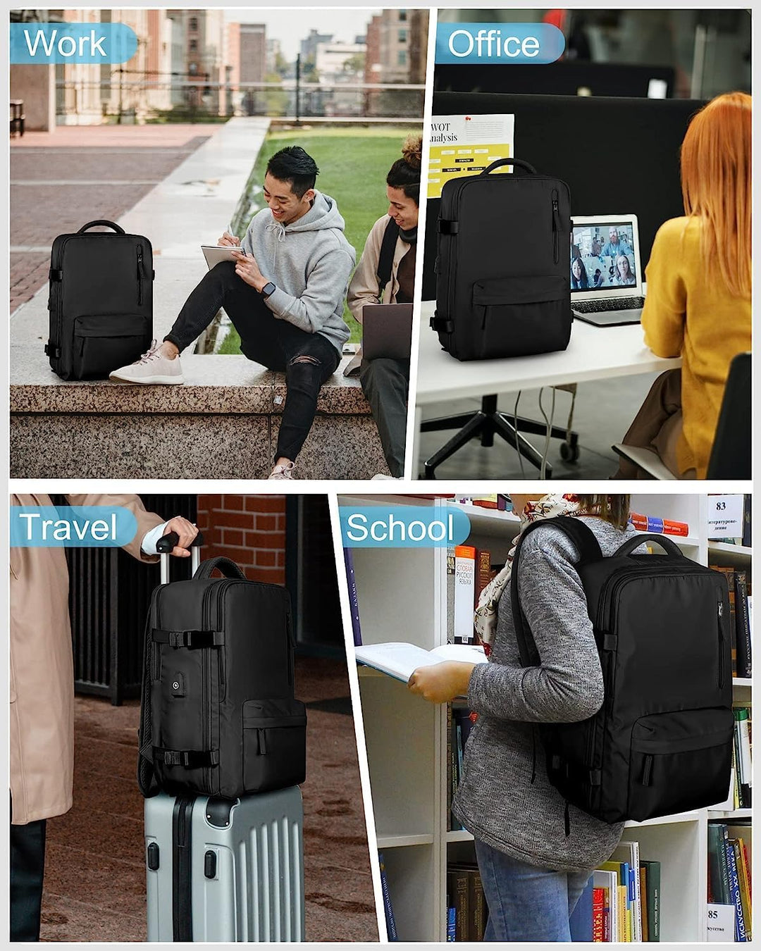 Duurzame zwarte reisrugzak, waterdicht en met USB-poort, ideaal voor dagelijks gebruik en bagage.